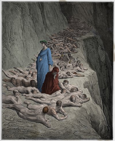 Purgatorio, Canto 19: Le anime degli avari: Adriano V parla a Dante (illustrazione dalla Divina Commedia di Dante Alighieri, 1885) da Gustave after Dore